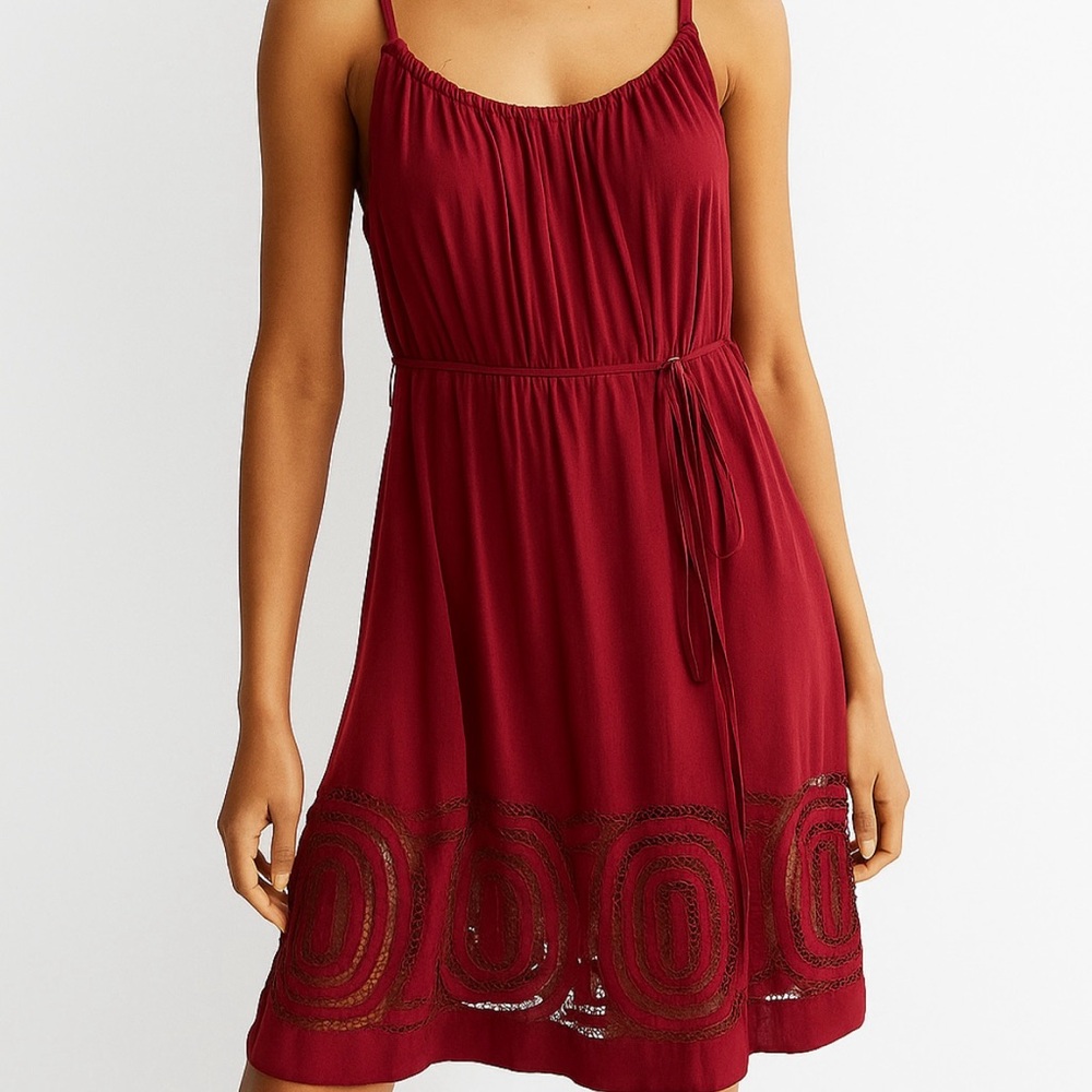 Elie Tahari Crimson Midi Dress with Detailed Hem Silk Red Boho